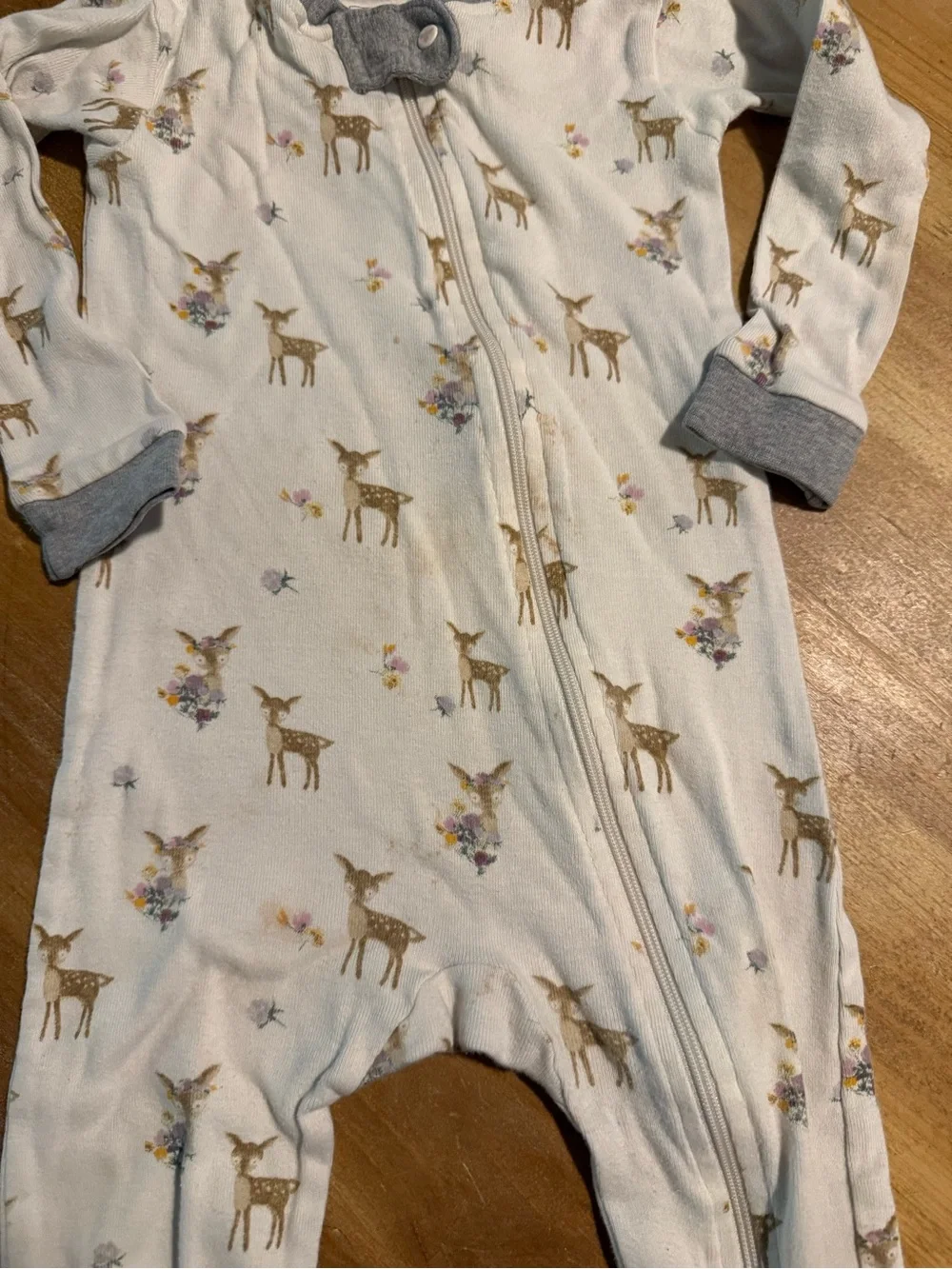 Soft Footed Baby One-Piece Pajama in White with Blue Trim – Deer Print